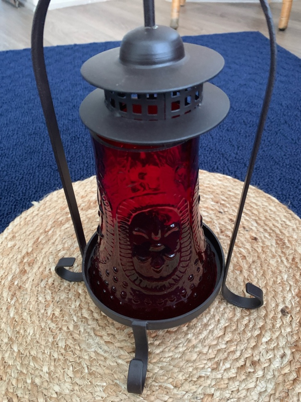 Black Wrought Iron & Embossed Red Glass Patio Lantern. Outdoor Lighting Sunroom